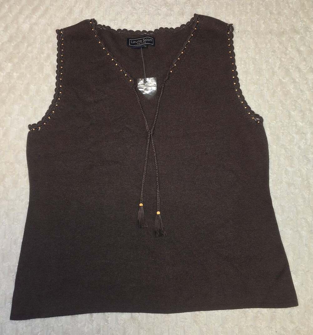 Laura Scott Petite Large Brown Sleeveless Knit Tank Top Boho Beaded Tassel